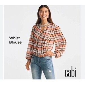 CAbi The Whist Blouse Plaid Faux Wrap Chiffon V-Neck Size Medium Long Sleeve Top